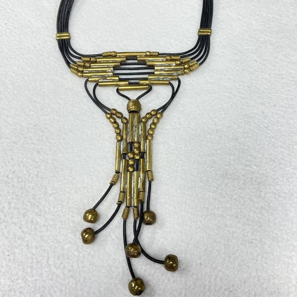 Alexis Kirk 1980s Rare Brass and Leather Beaded Necklace